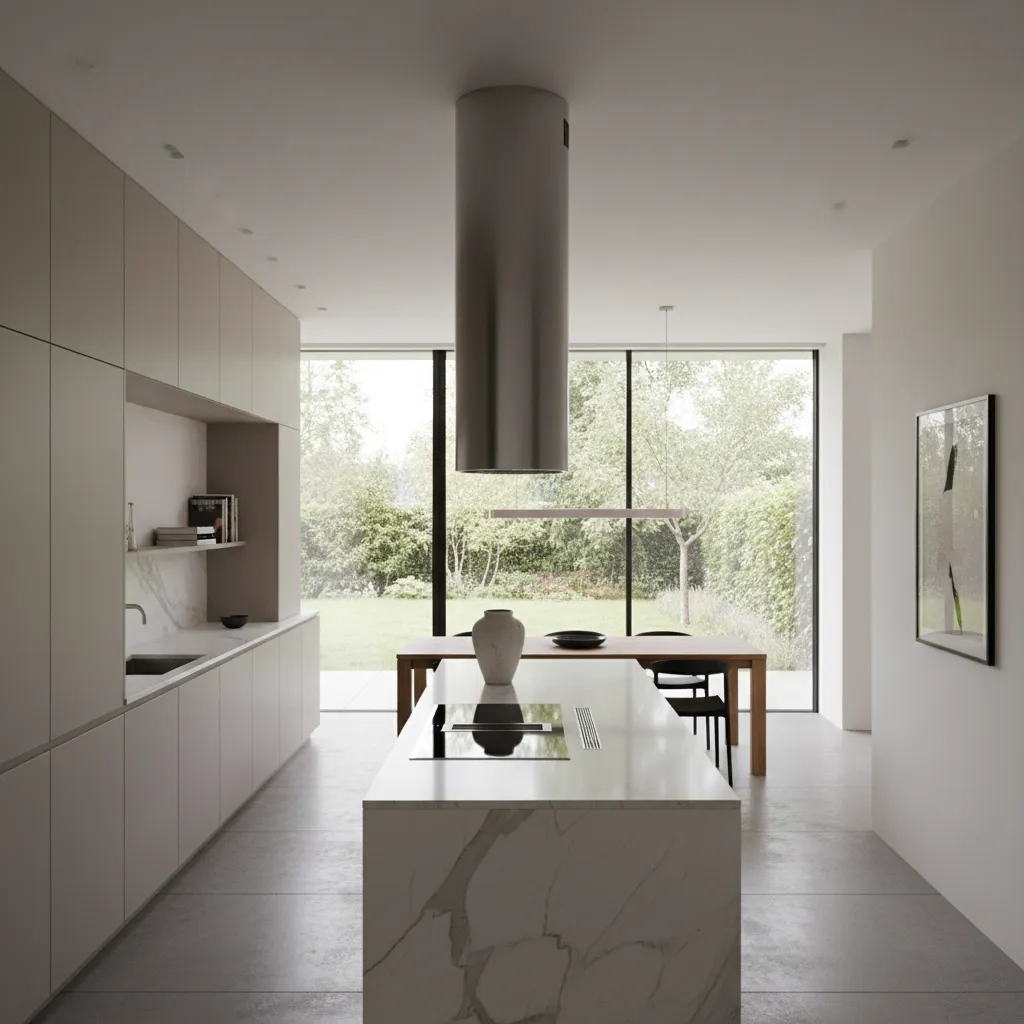 Island kitchen with oversized ceiling mounted ventilation hood
