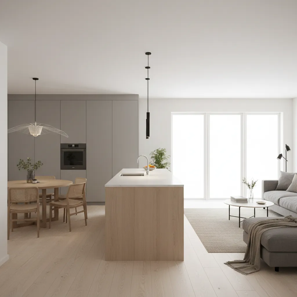 Large island kitchen placed in the center of an open house interior
