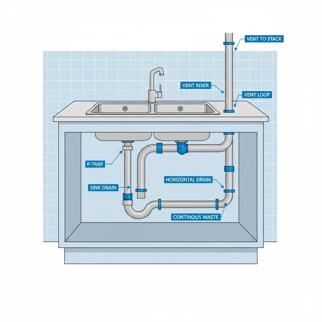Loop vent plumbing configuration for kitchen island sink drain system