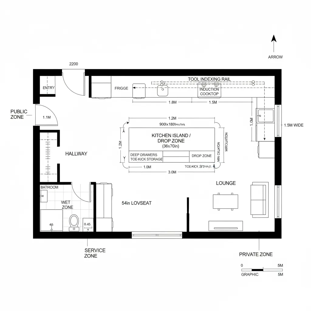 Top-down CAD plan of a studio with a compact island node and perimeter cookline