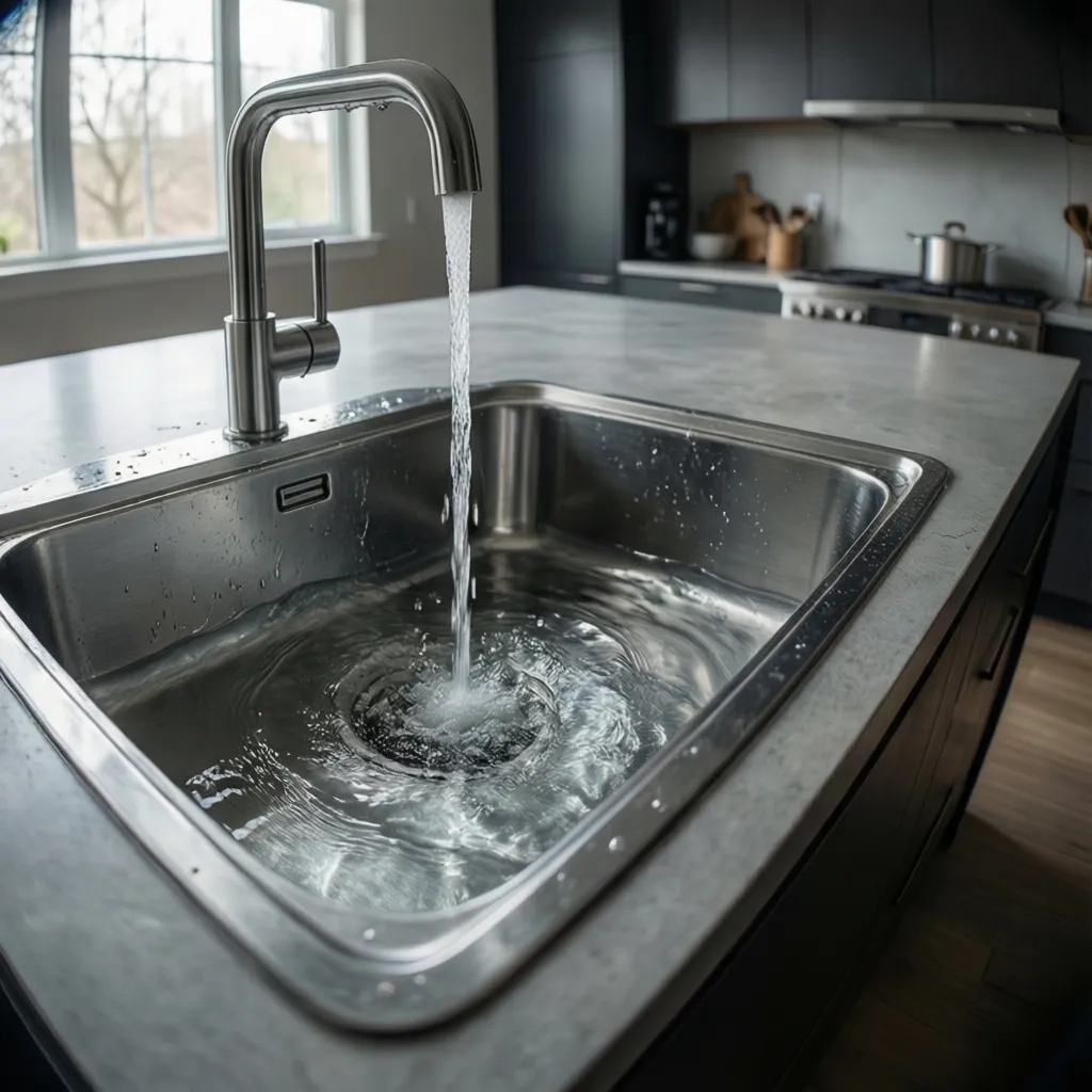 kitchen island sink draining slowly with visible water swirl