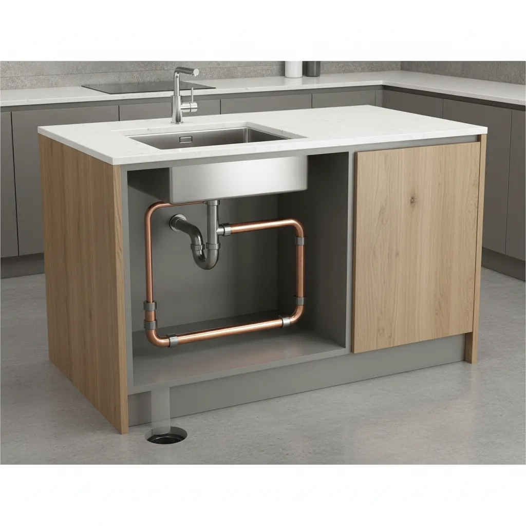 Diagram style visualization of loop vent plumbing system for kitchen island sink