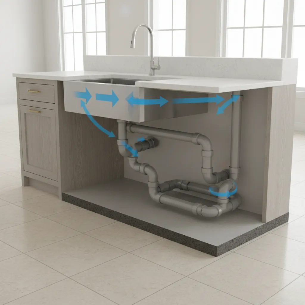 diagram showing airflow and venting for kitchen island plumbing