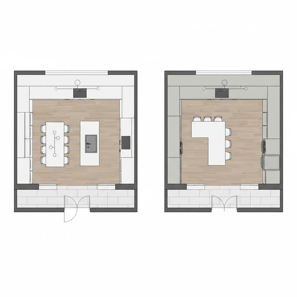 top down kitchen layout diagram showing difference between island and peninsula counters