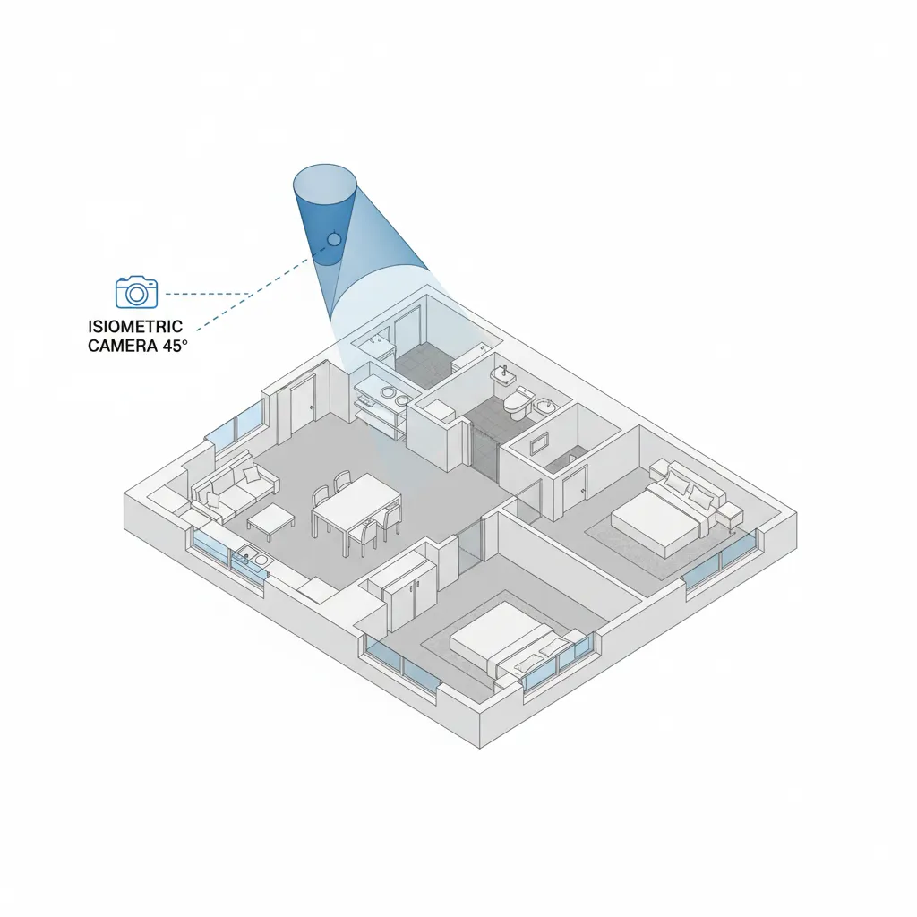 diagram style visualization showing correct isometric camera angle for floor plan rendering