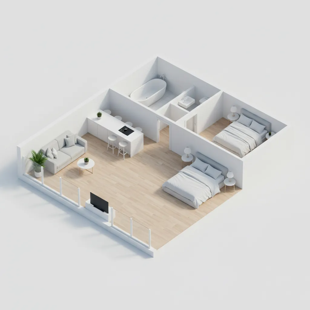 isometric 3D floor plan of a modern apartment with living room kitchen bedroom and bathroom