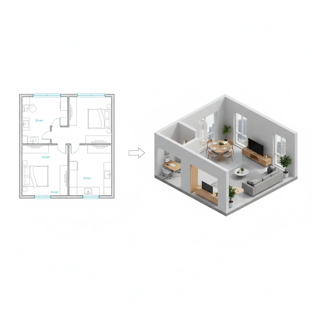 Design workflow showing transition from 2D floor plan to 3D isometric visualization