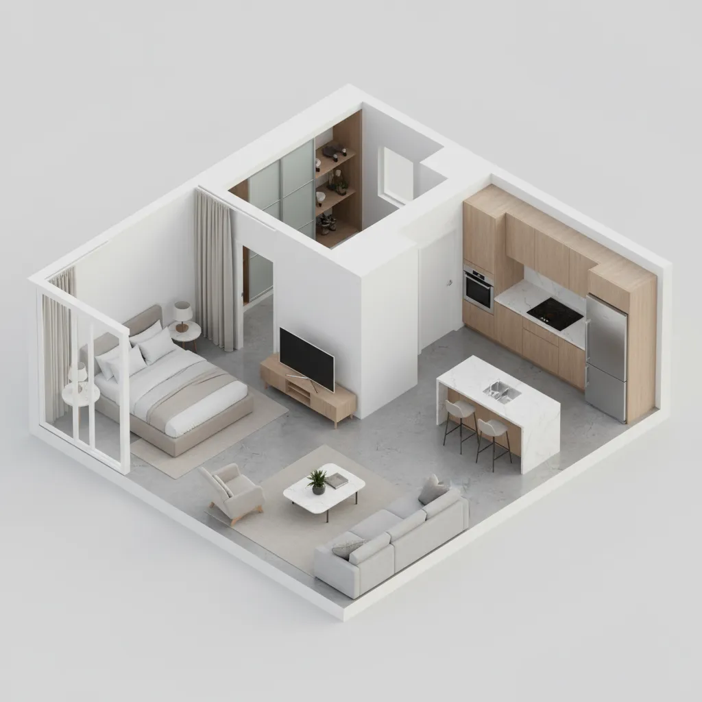 Modern apartment isometric floor plan showing rooms and furniture in consistent scale