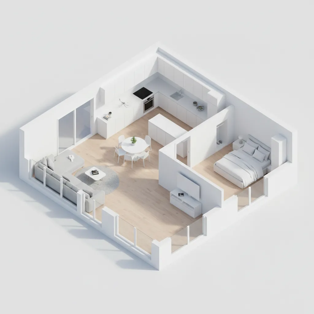 detailed 3D isometric apartment floor plan with labeled rooms and furniture
