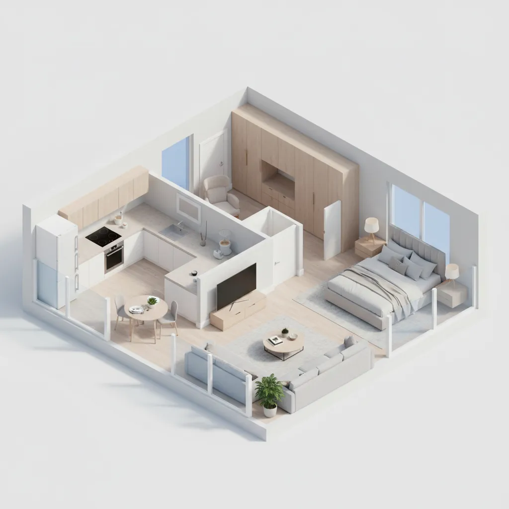 clean 3D isometric apartment floor plan visualization
