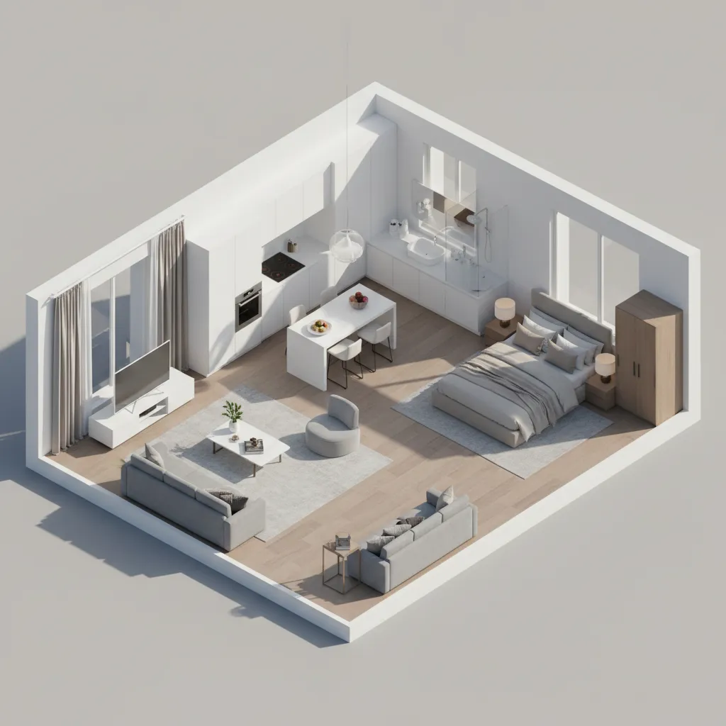 Real estate style isometric floor plan showing a furnished apartment layout