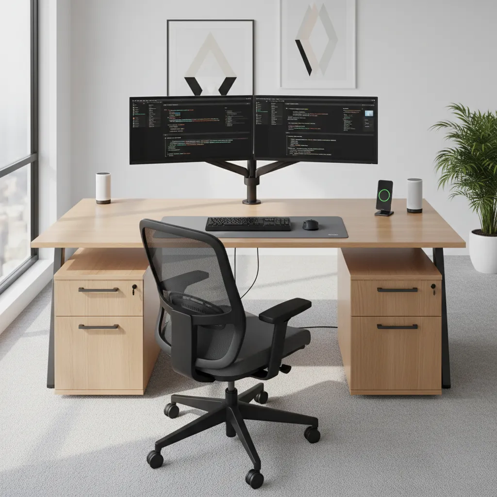 IT office cabin desk with side drawer storage and clean workspace