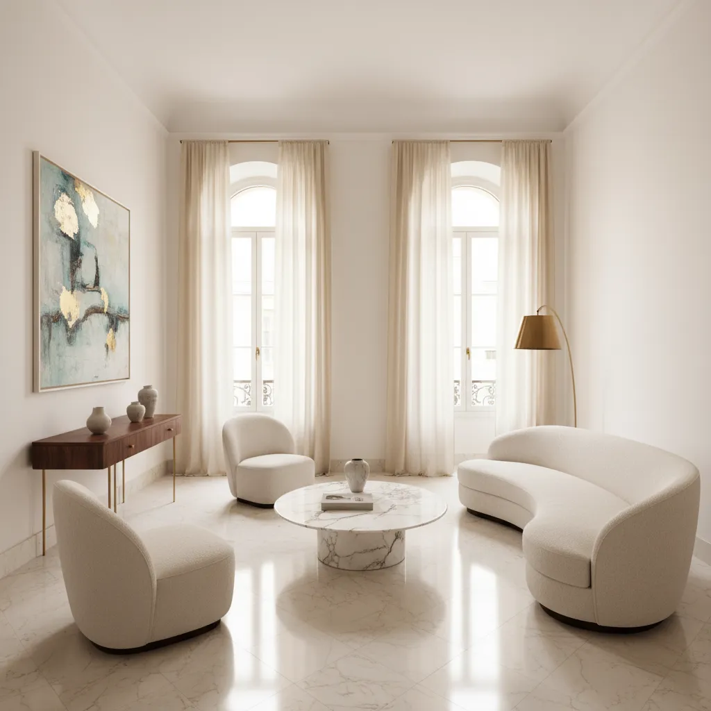 Elegant living room with curved white sofa marble coffee table wood cabinet and two windows