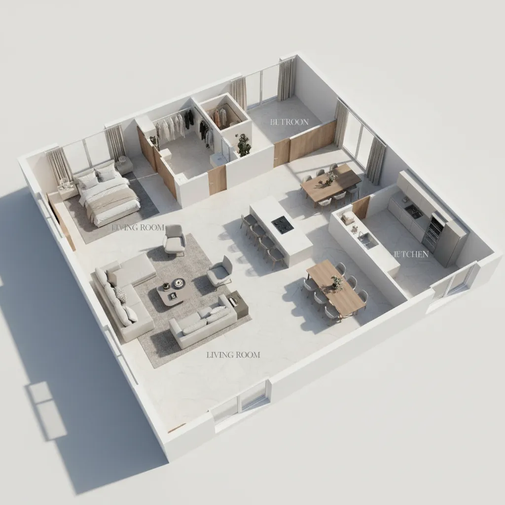3D floor layout visualization showing Italian style luxury apartment with Vastu oriented zones