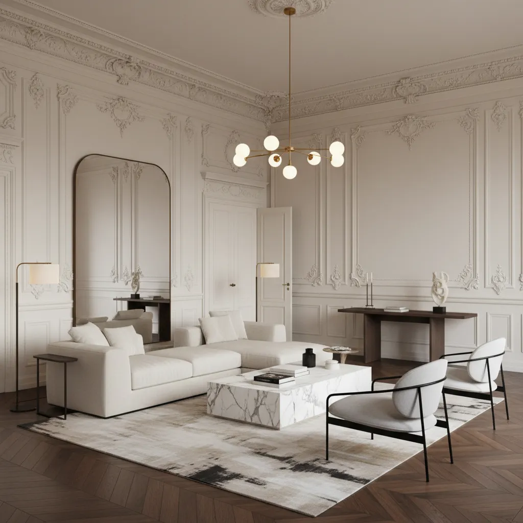 Elegant living room with cream sofa white chairs marble coffee table gold ceiling light wood flooring