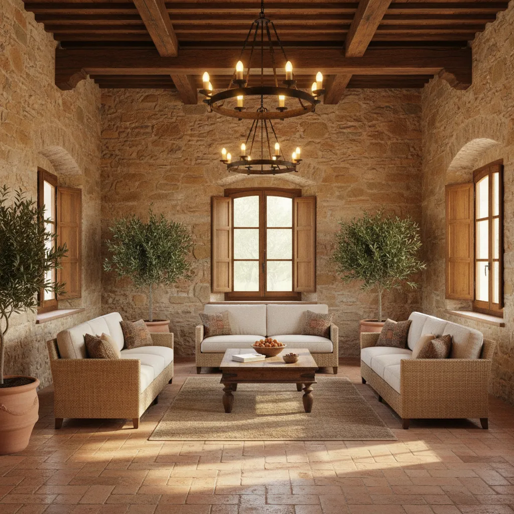 Interior con piedra natural, madera y suelo de terracota