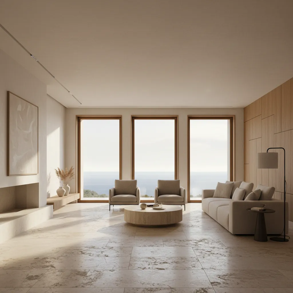 Interior elegante con arquitectura italiana moderna y materiales naturales