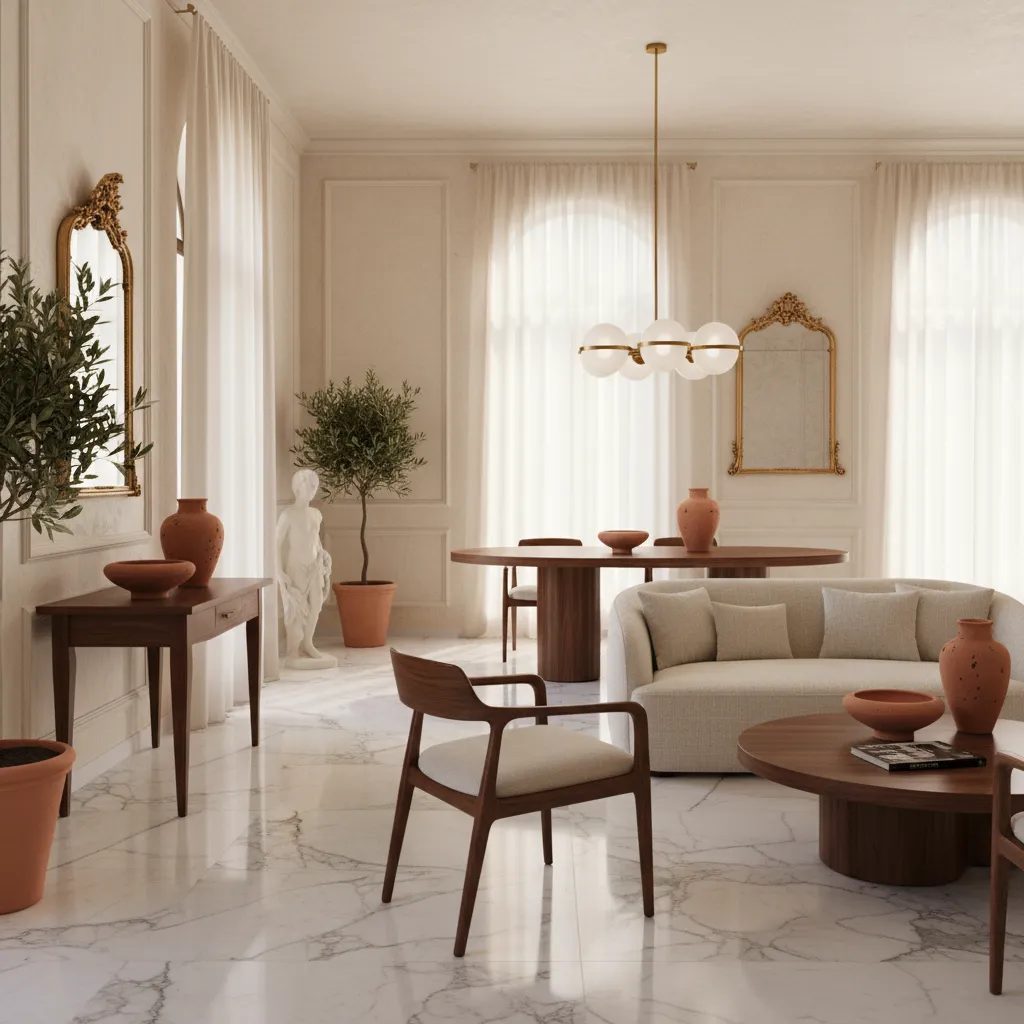 Italian interior palette with light marble and warm neutrals suitable for Vastu directions