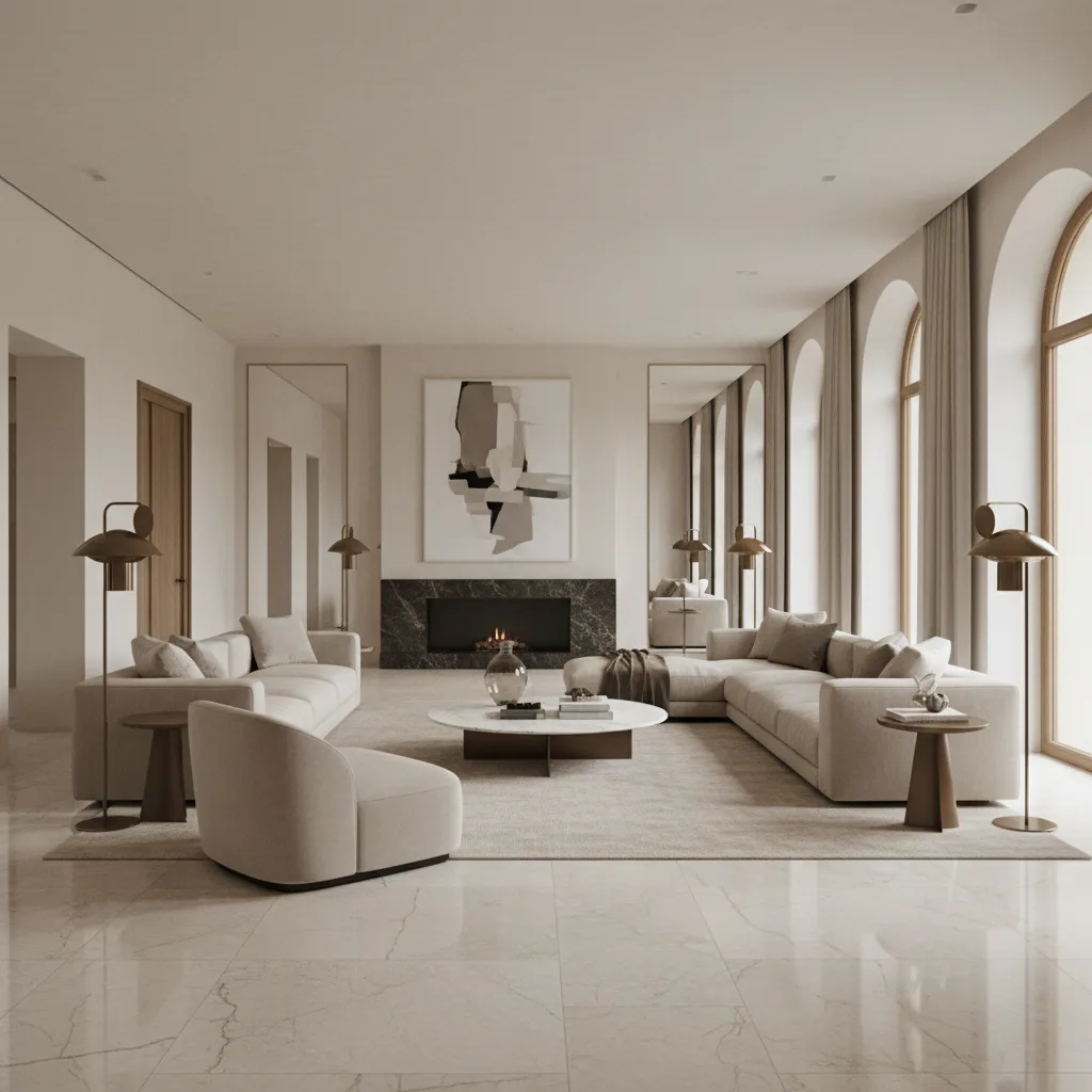 Modern living room featuring large sectional sofa fireplace marble floor and several tall arched windows
