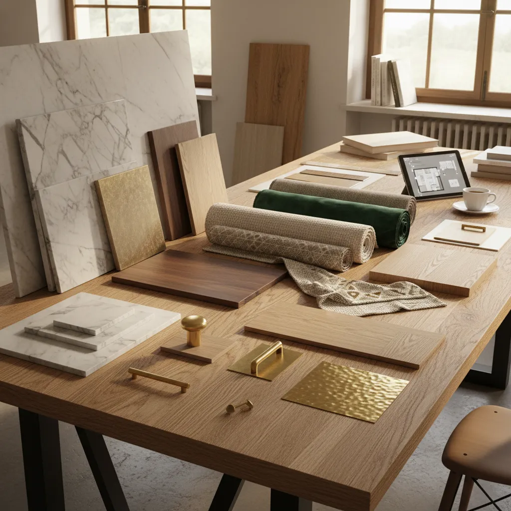 Mesa con muestras de materiales utilizados en diseño interior italiano