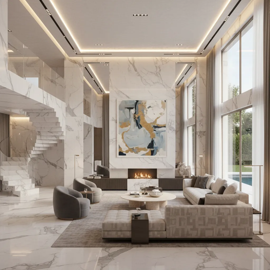 Large open luxury living space with Italian style furniture balanced within spacious layout