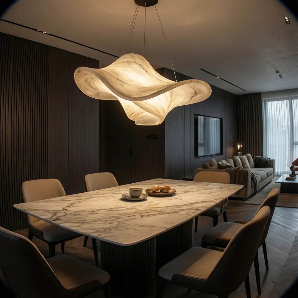 Interior italiano moderno con lámpara escultórica y tonos cálidos