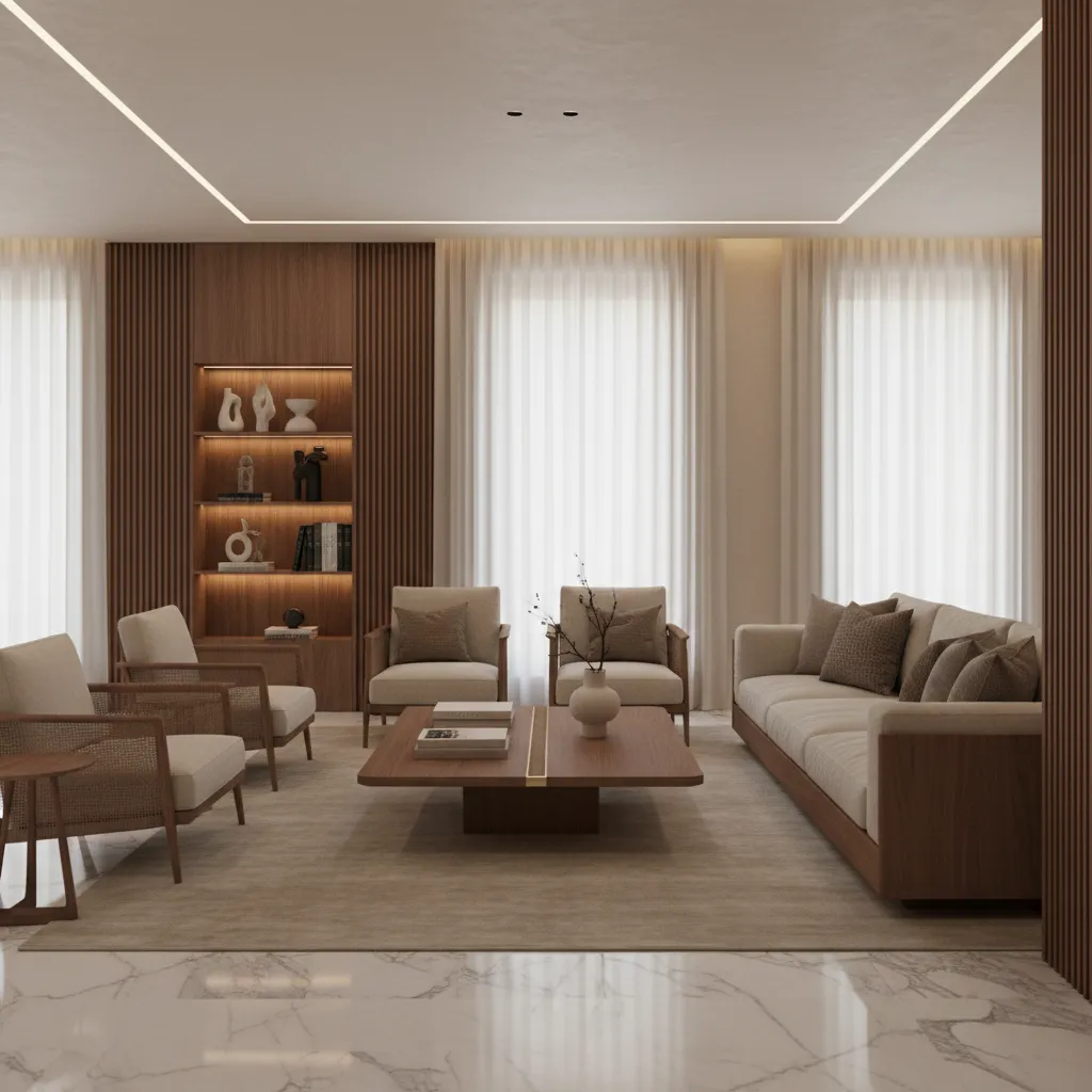 Italian interior design materials including marble flooring, wood furniture and soft lighting
