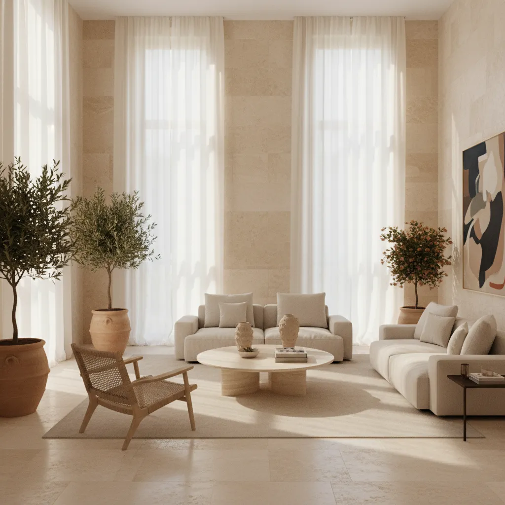 Salón luminoso con grandes ventanas y cortinas ligeras estilo italiano