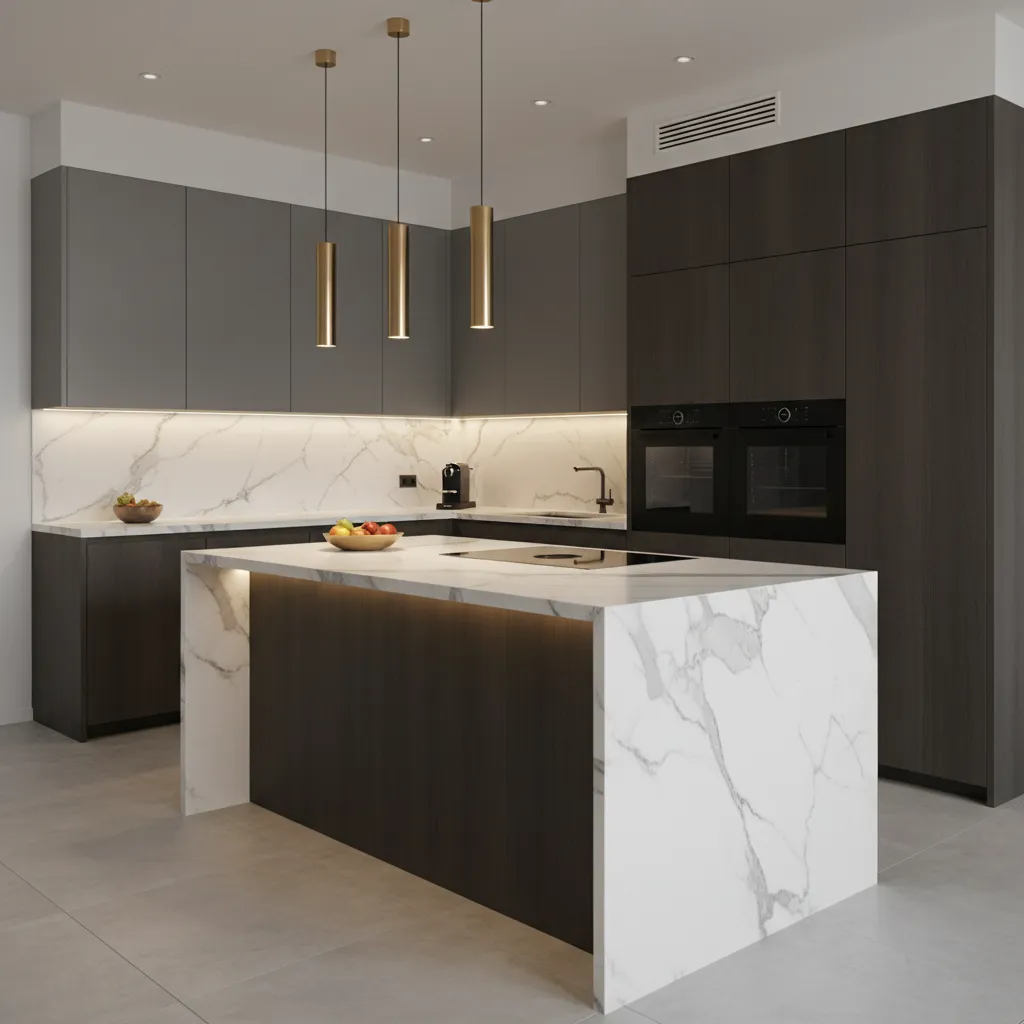 Modern kitchen featuring marble island grey cabinets gold light fixtures and dark wood storage cabinets