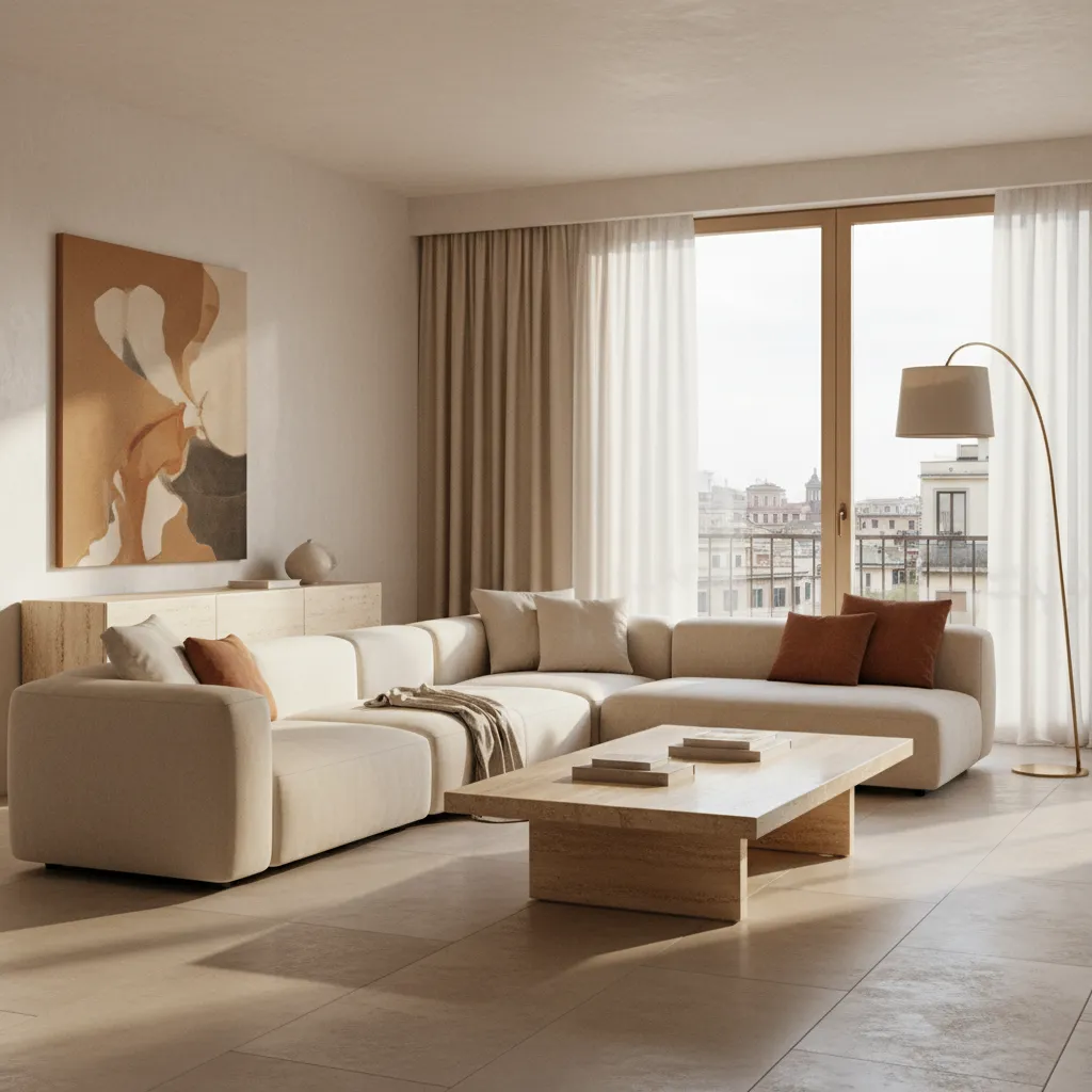 Sala de estar italiana con sofá minimalista, mesa de piedra y luz natural