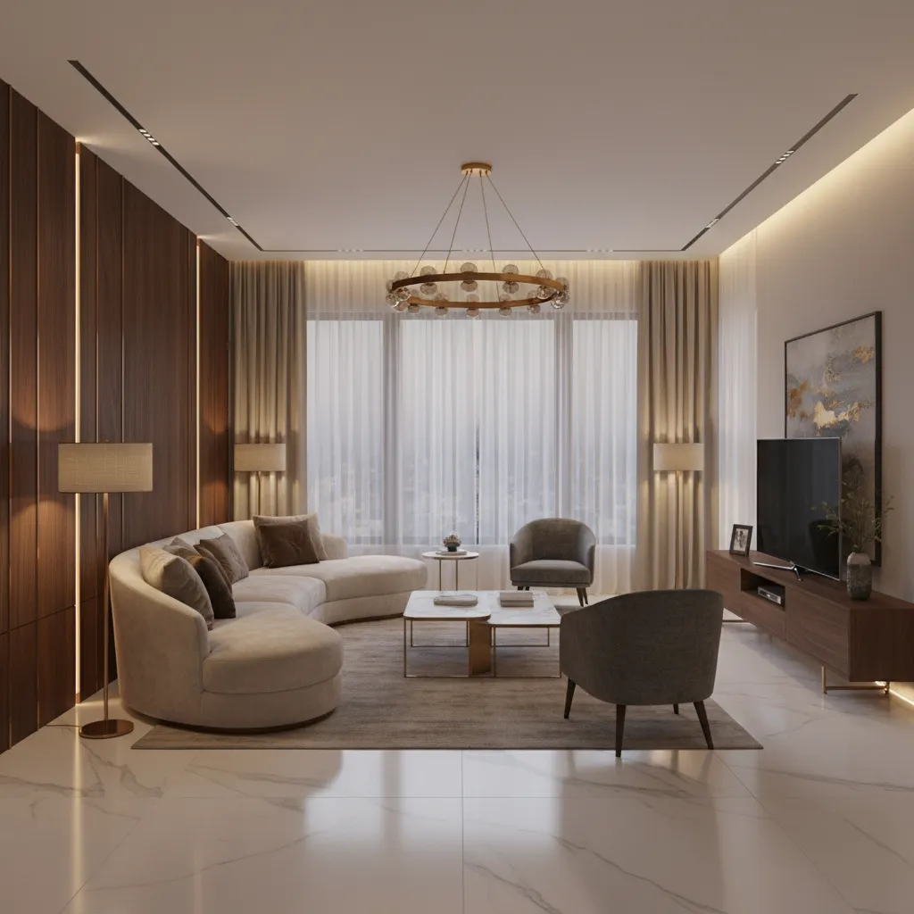 Modern Italian style living room with marble surfaces and sculptural furniture