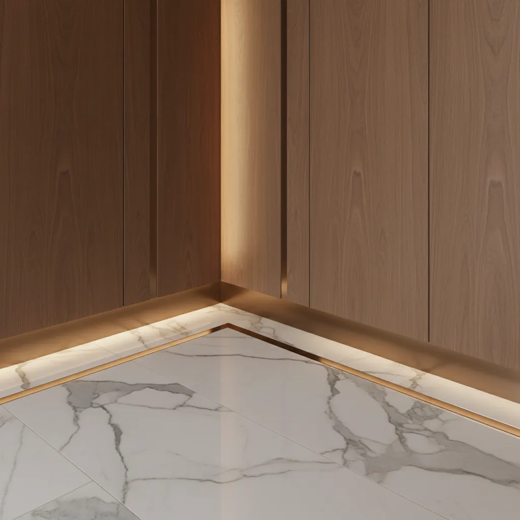 Close view of marble flooring walnut wall panels and bronze accents in Italian luxury apartment interior