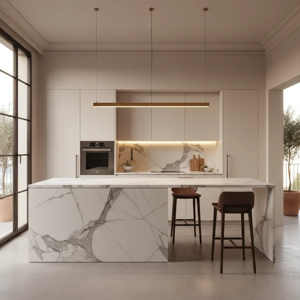 Cocina contemporánea italiana con encimera de mármol y diseño minimalista