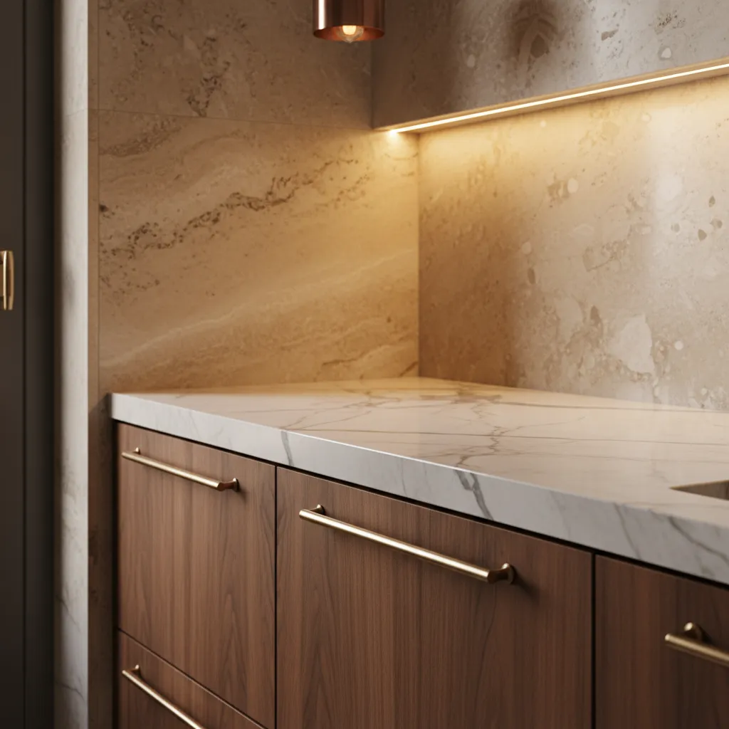 Detalle de materiales italianos como mármol y madera natural en interior