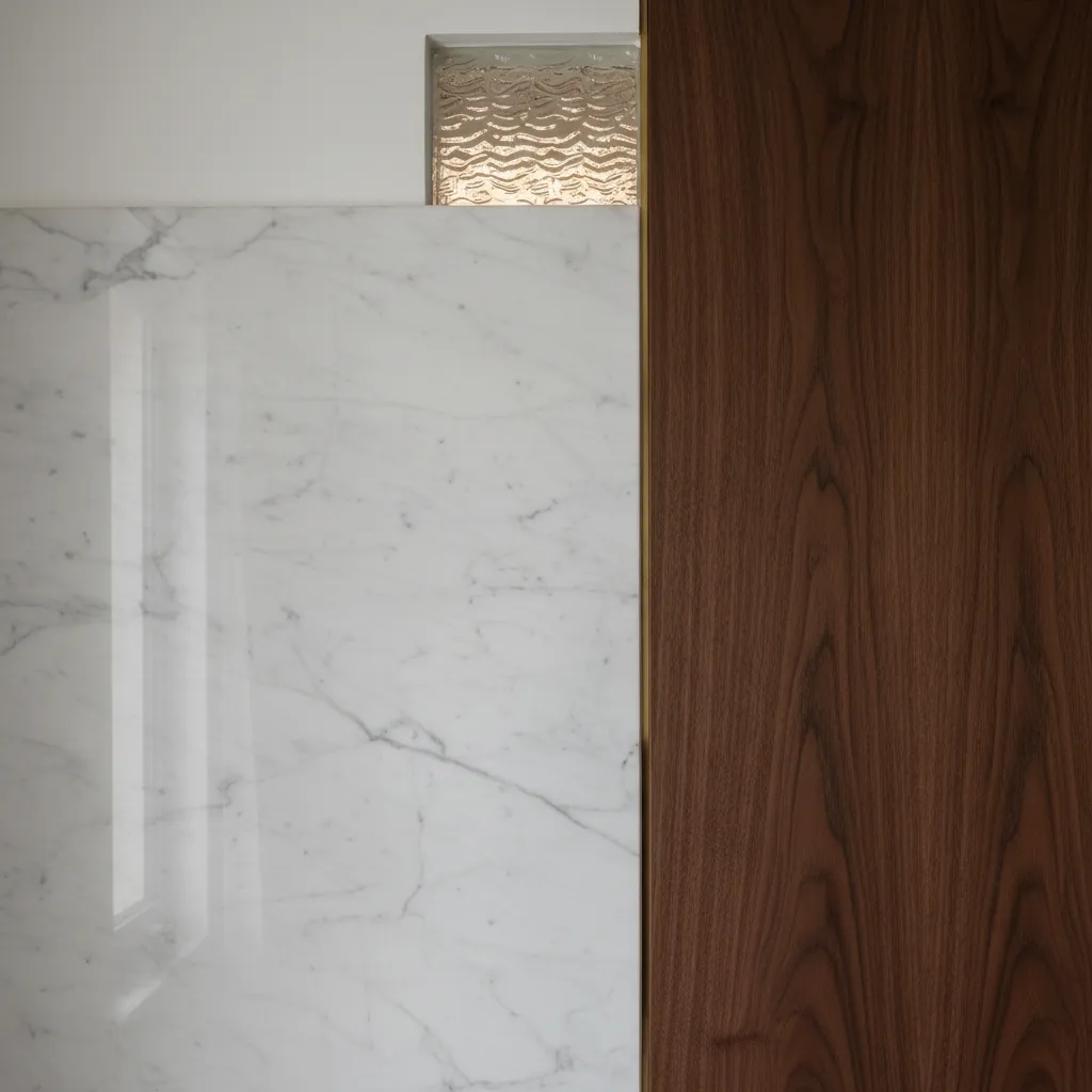 Close up of interior design materials featuring white marble dark wood panel and textured glass
