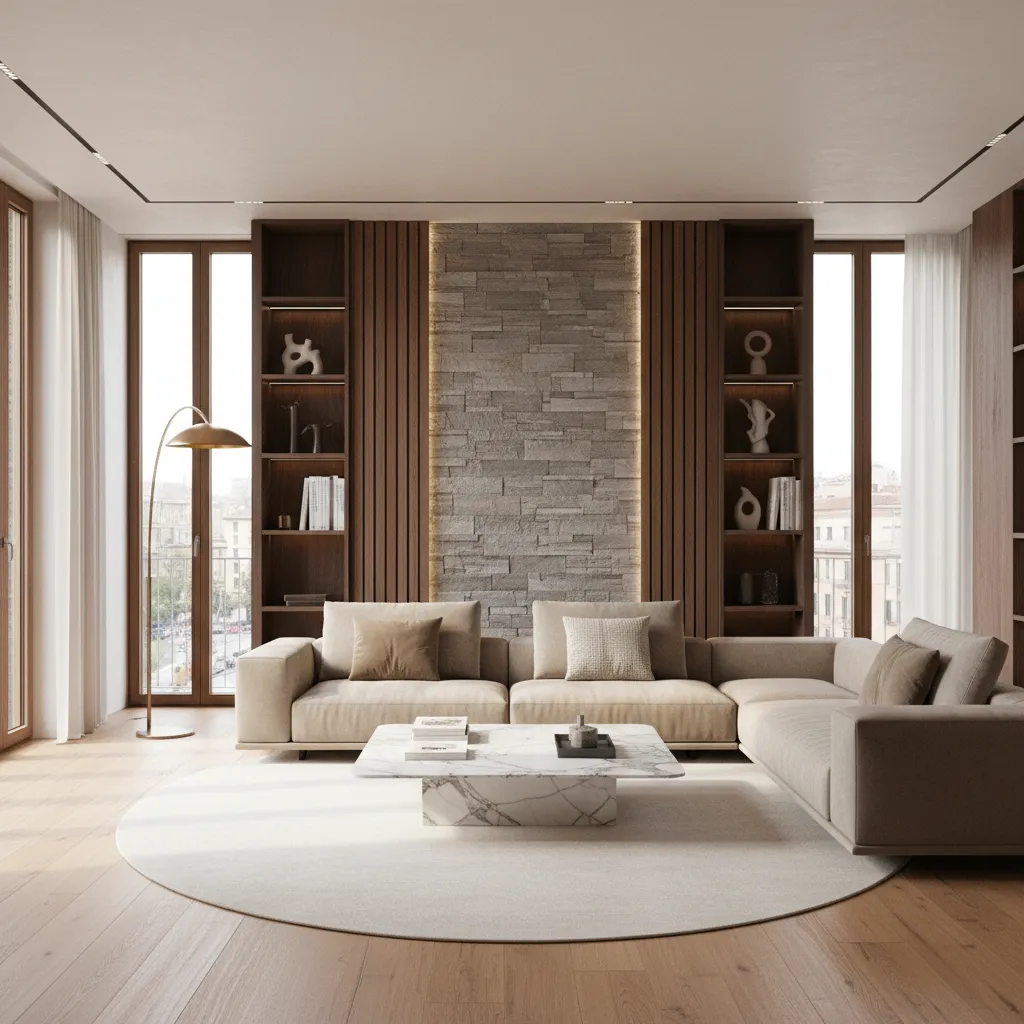 Contemporary living room with tan sofa stone wall wood panel bookshelves round rug and floor