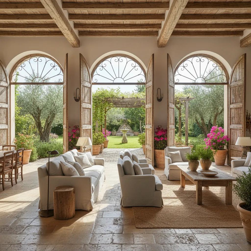 Sala abierta luminosa con puertas hacia jardín mediterráneo