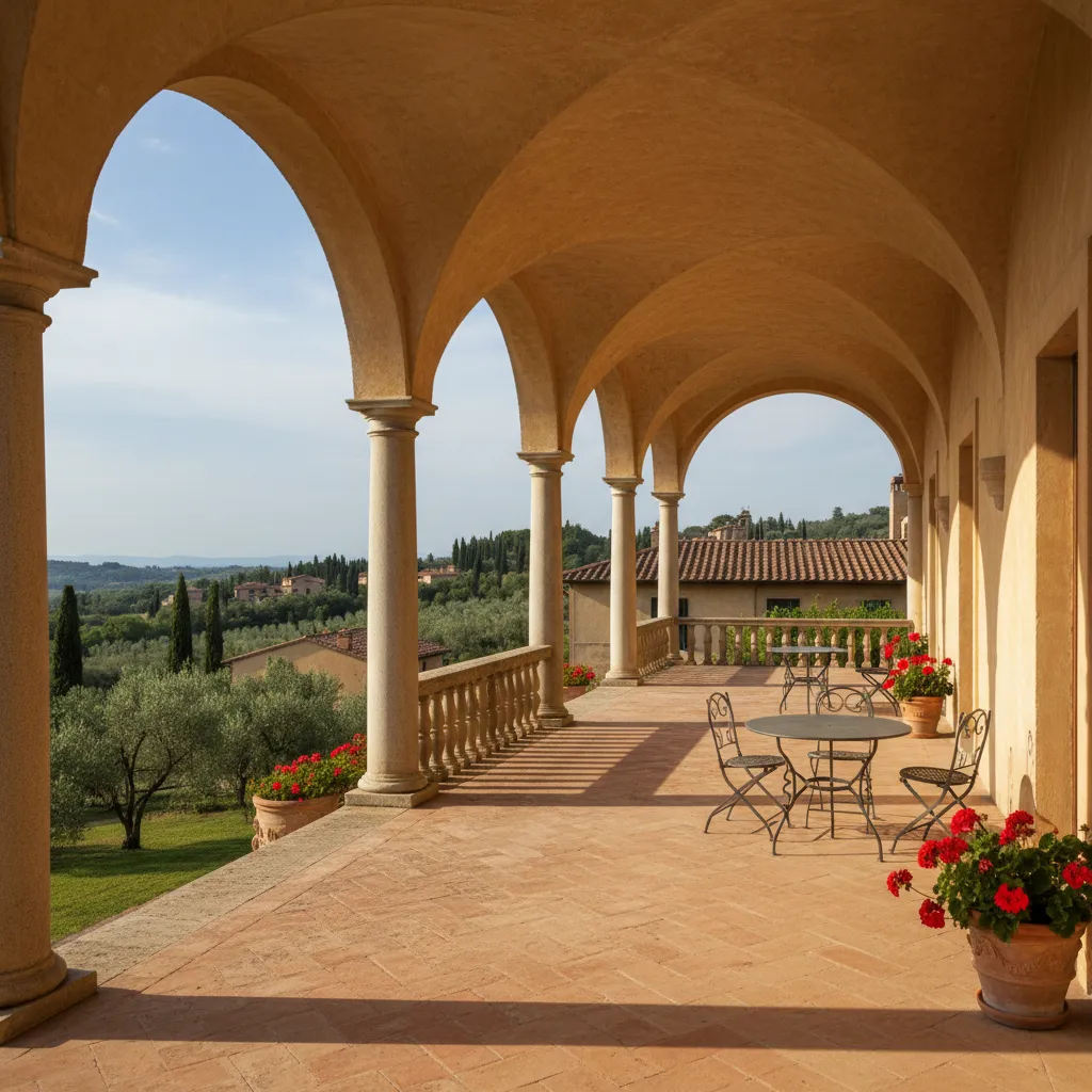 Villa italiana con arcos y terraza con columnas