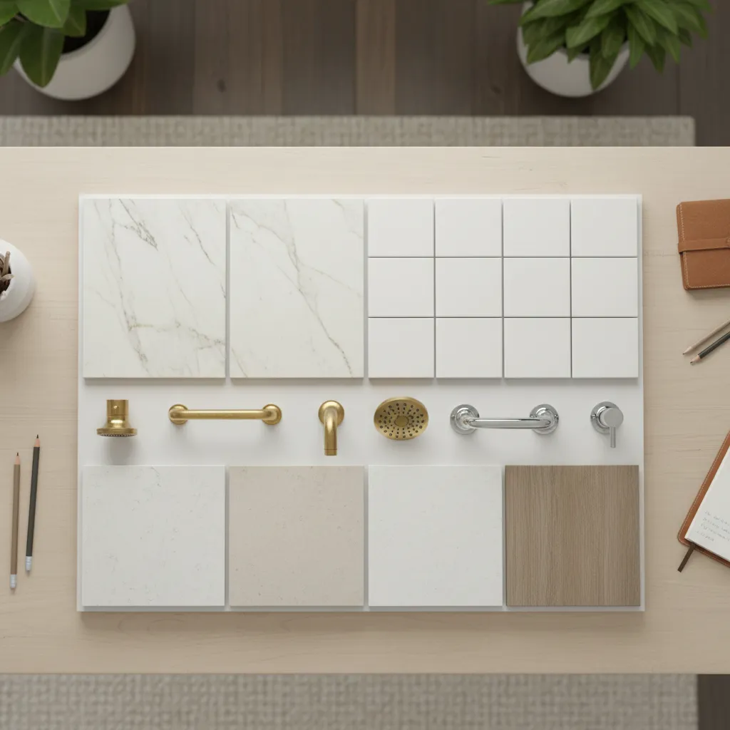 Bathroom material board comparing ivory stone and white tile surfaces