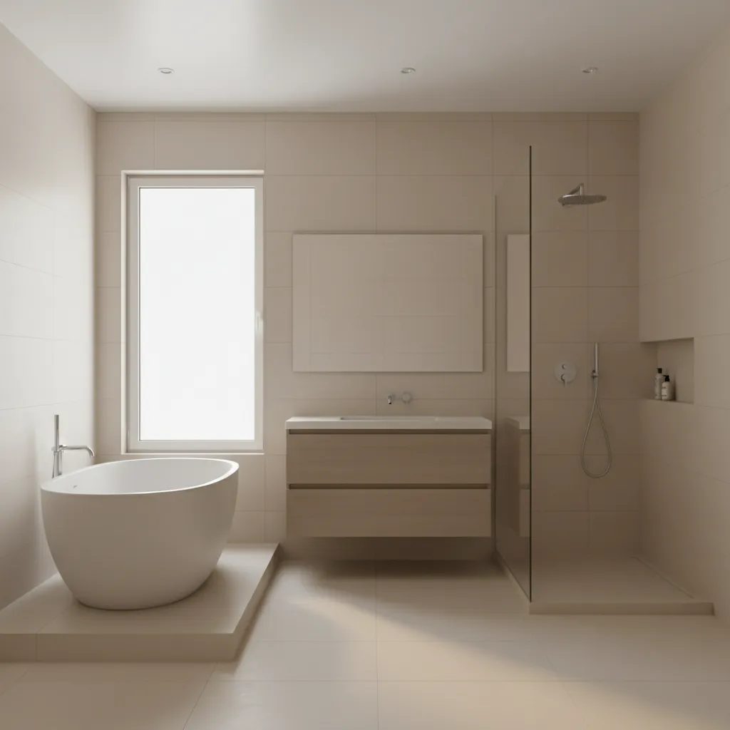 Ivory bathroom tiles and neutral vanity showing warm light colored interior