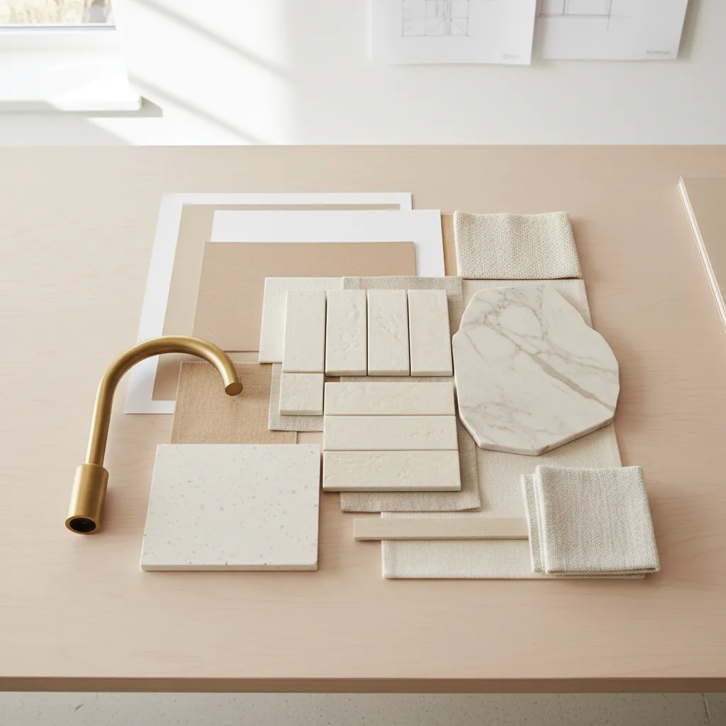 Material palette with ivory tiles marble samples quartz and brass fixtures