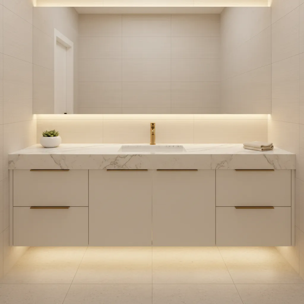 Quartz vanity countertop paired with ivory bathroom cabinets