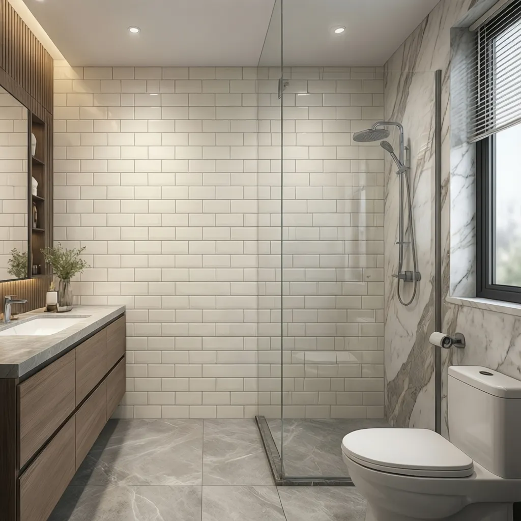 Bathroom wall comparison of ivory porcelain tile and marble surface