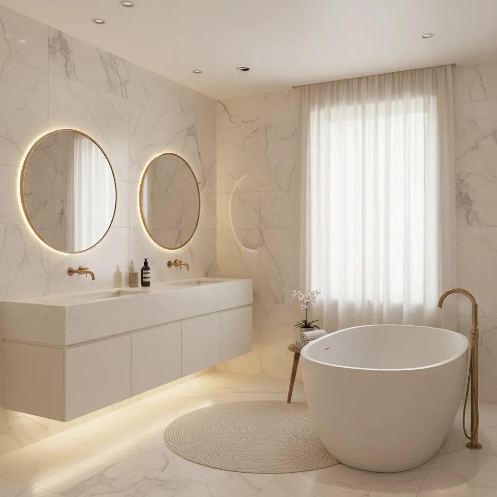Ivory bathroom illuminated with warm ambient lighting and marble finishes