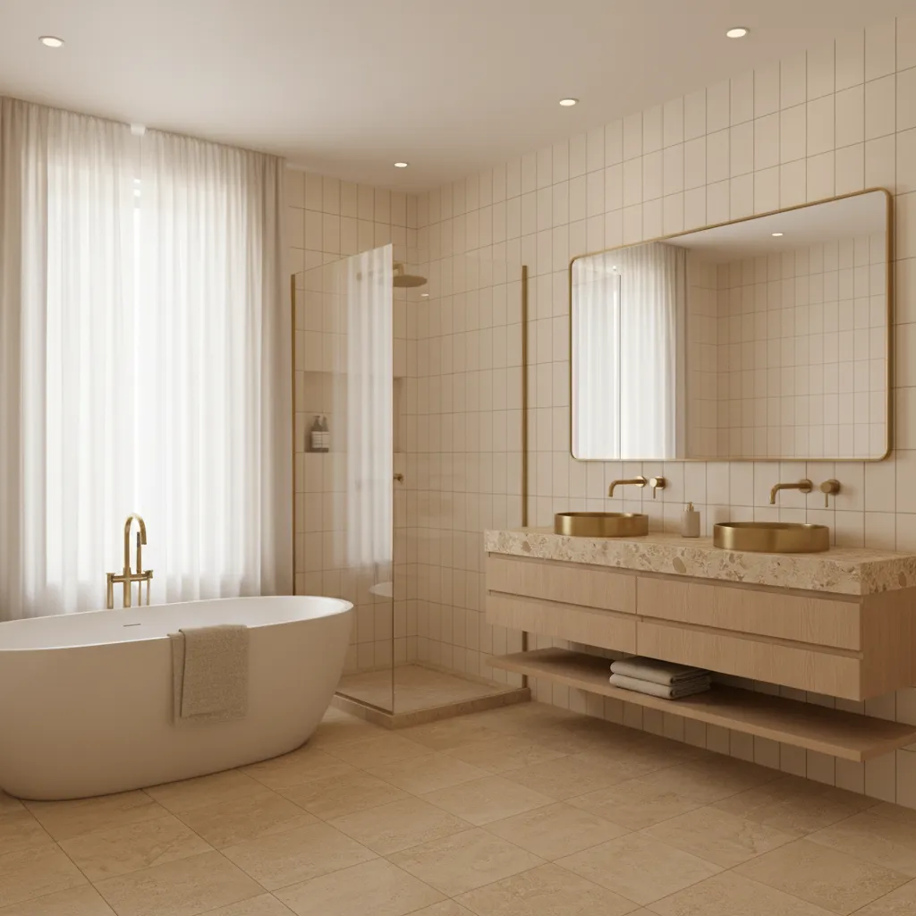 Warm ivory bathroom interior with cream tiles and brass fixtures