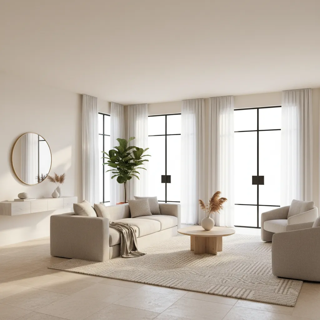 Bright ivory living room with neutral sofa and soft natural lighting