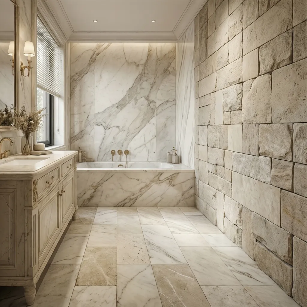 Ivory marble luxury bathroom materials with stone tiles and elegant vanity