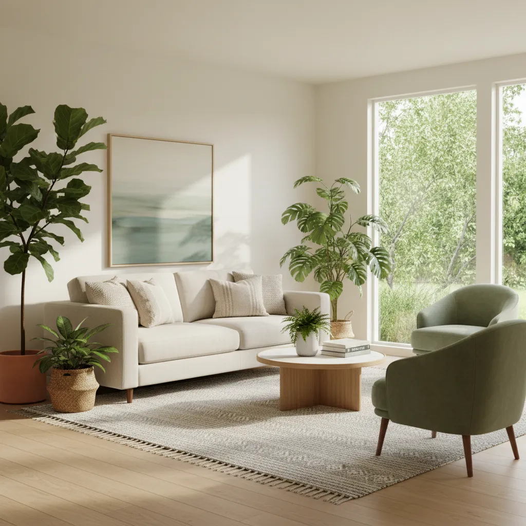 Ivory living room with sage green chairs and indoor plants