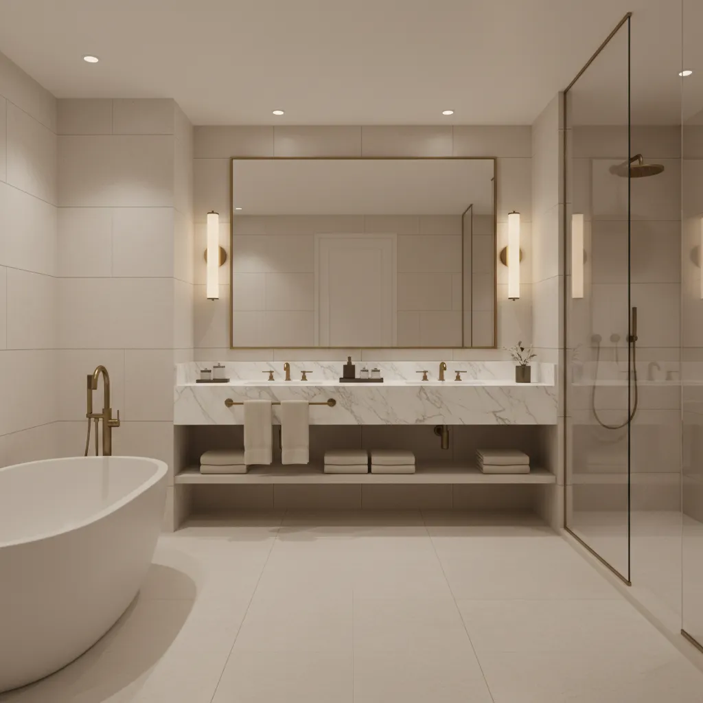 Spa inspired ivory luxury hotel bathroom with marble vanity and warm lighting