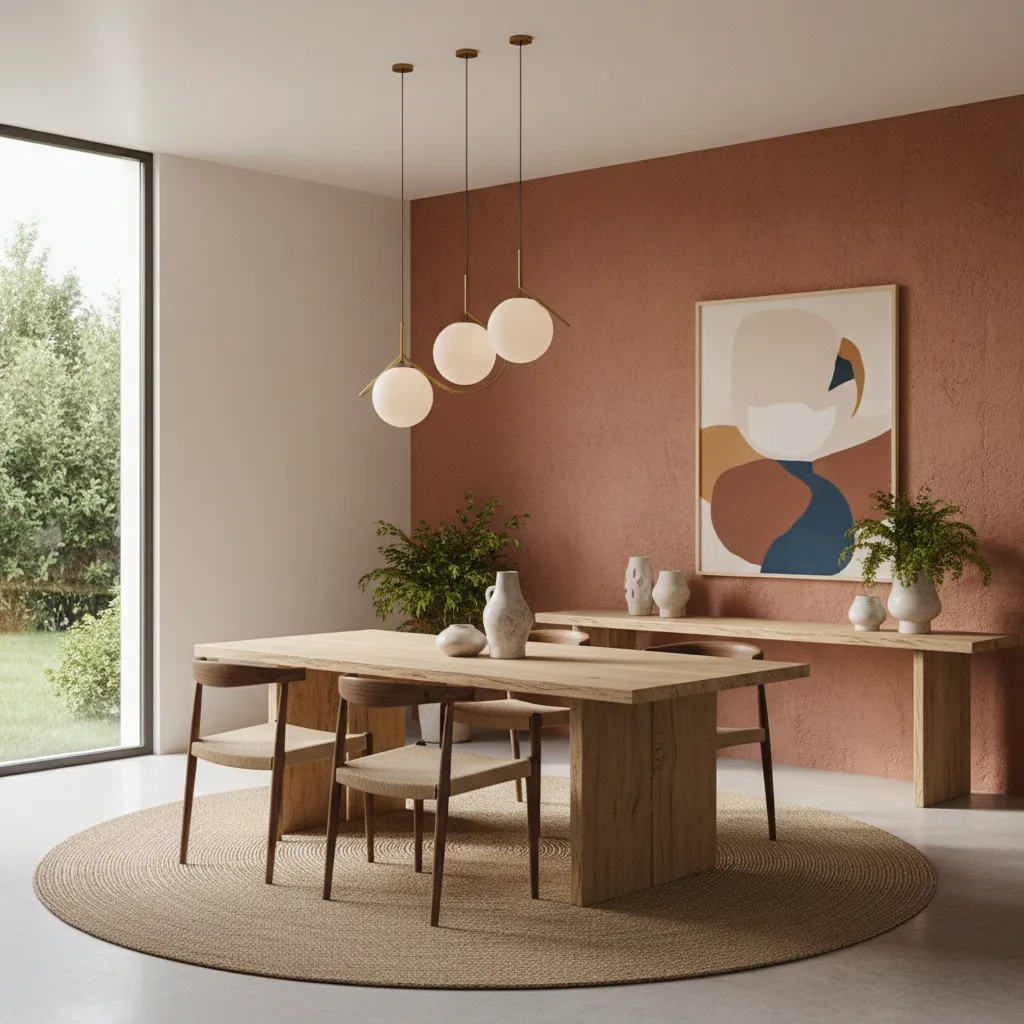 Dining room interior featuring ivory walls with terracotta accent wall
